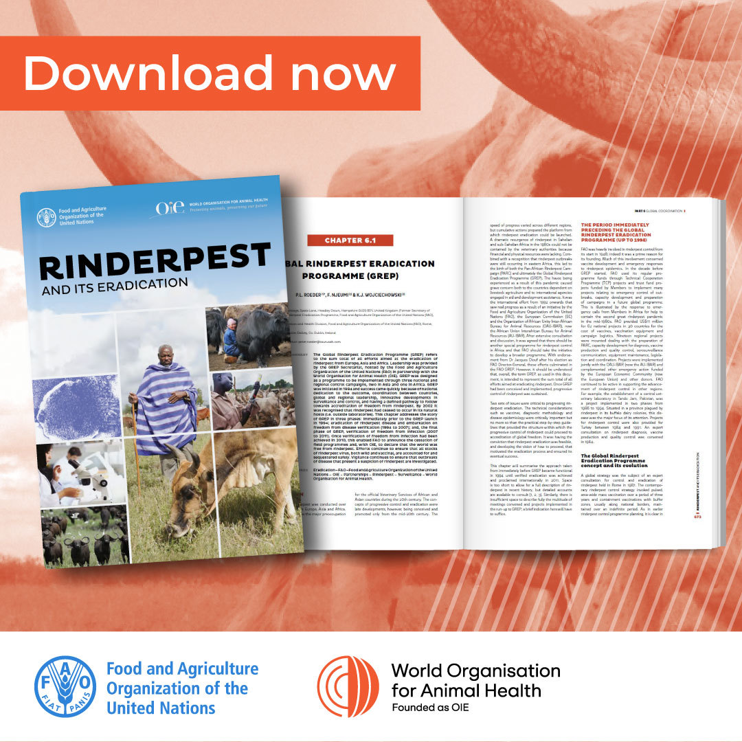 “Rinderpest and its eradication” celebrates the 2011 proclamation of a rinderpest-free world.

It reviews the eradication efforts, contributions of the international community &amp; the role played by national veterinary services.

Download the book now: bit.ly/3EZlQOT