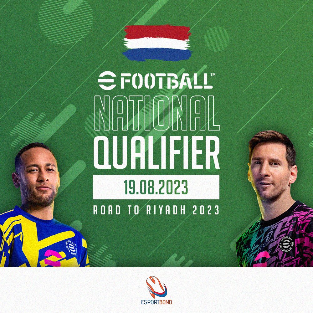 Meld je aan voor de Nederlandse eFootball Qualifier. De winnaar zal NL vertegenwoordigen op het GEG (Global Esports Games) in Riyadh, Saudi Arabië.

Datum: zaterdag 19 augustus 2023

Inschrijven kan via: play.toornament.com/en_US/tourname…