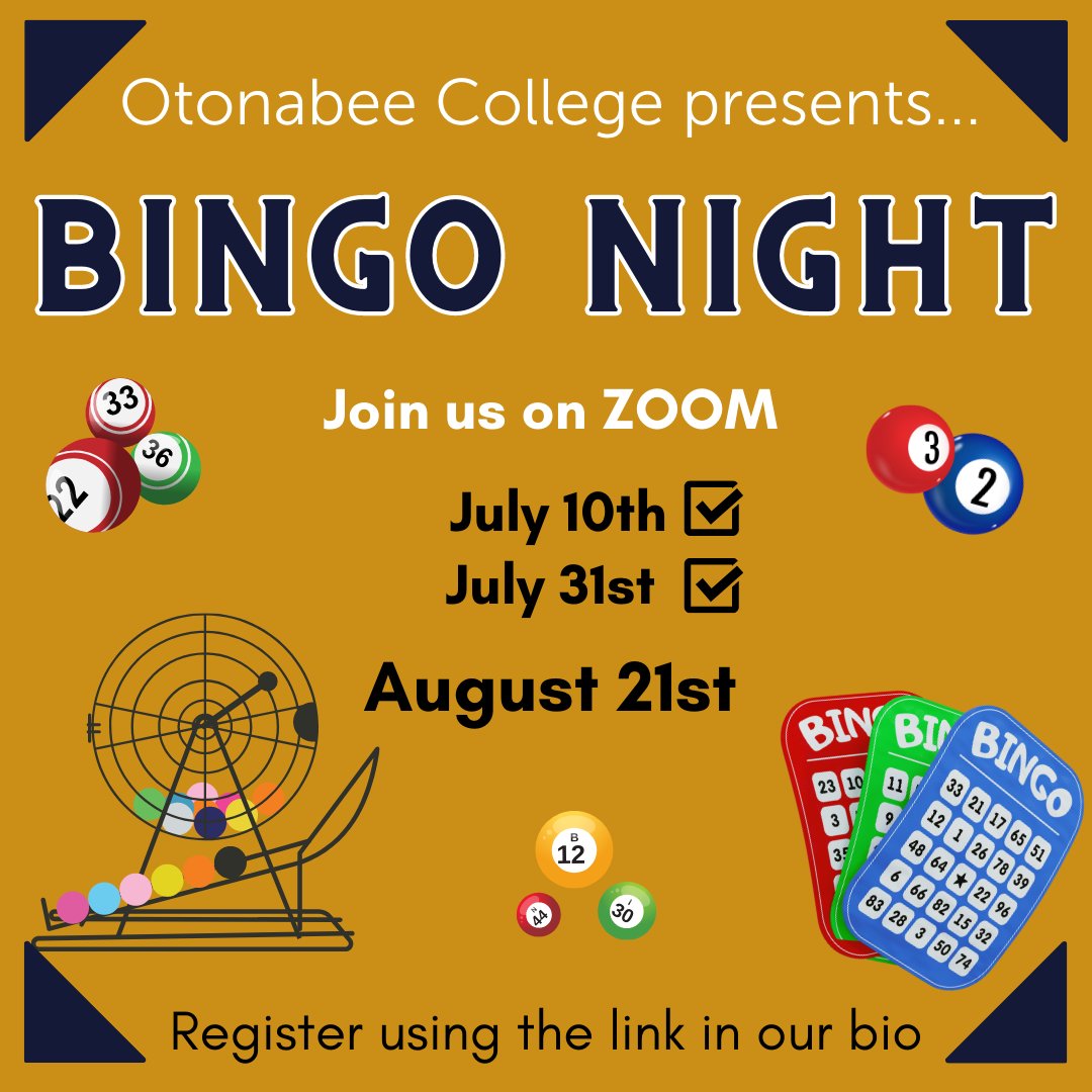 Your last chance to win a prize bag and play some bingo is August 21st from 6-7pm! All Trent students are able to register and play, but prize bags must be picked up in the OC office! Register using the link in our bio! #oc #otonabee @TrentUniversity