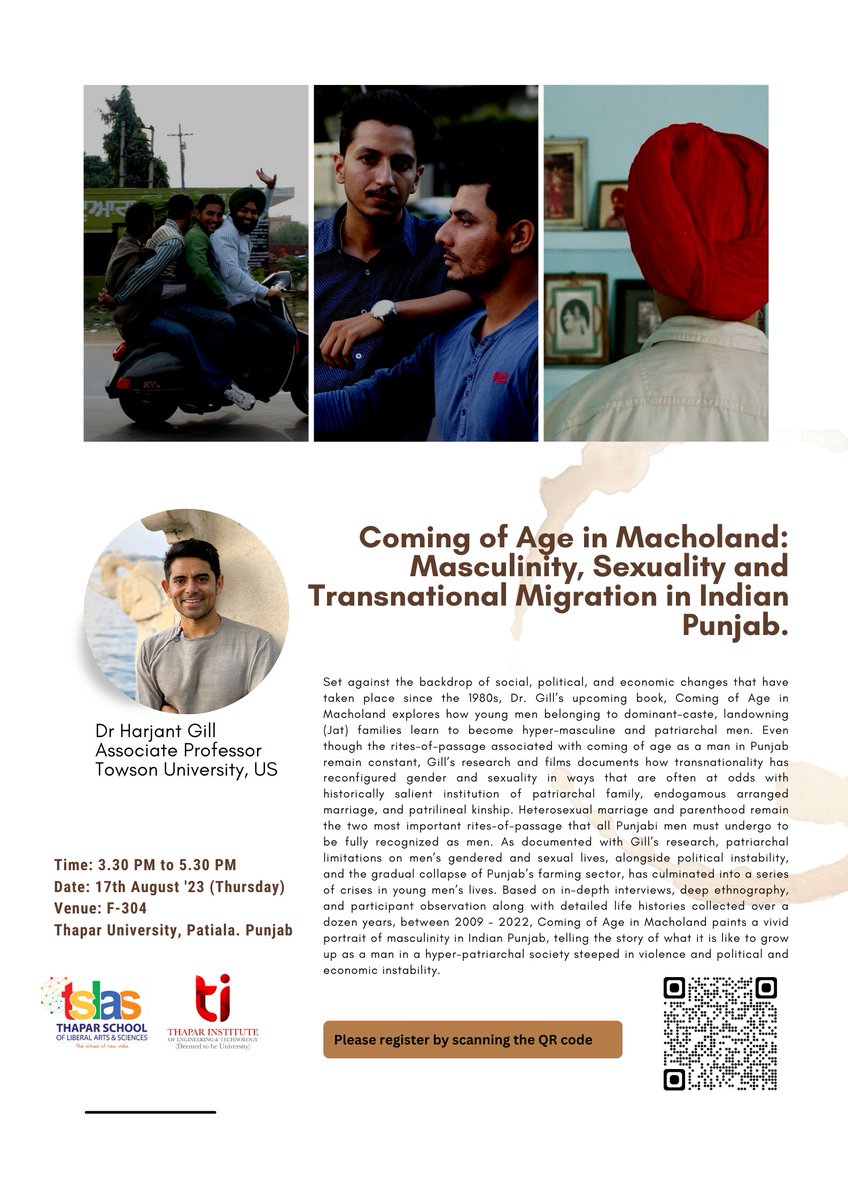 Jayaprakash (@actuallyyjp) on Twitter photo ๐ข๐ขExcited to announce that Dr. Harjant Gill will be speaking at <a href="/ThaparSLAS/">Thapar School of Liberal Arts and Sciences</a> , Thapar University, Patiala. In this talk delves into his upcoming book, offering an analysis of masculinity, sexuality, and transnational migration in Punjab, India. A truly valuable contribution. ๐ข๐ขExcited to announce that Dr. Harjant Gill will be speaking at <a href="/ThaparSLAS/">Thapar School of Liberal Arts and Sciences</a> , Thapar University, Patiala. In this talk delves into his upcoming book, offering an analysis of masculinity, sexuality, and transnational migration in Punjab, India. A truly valuable contribution.