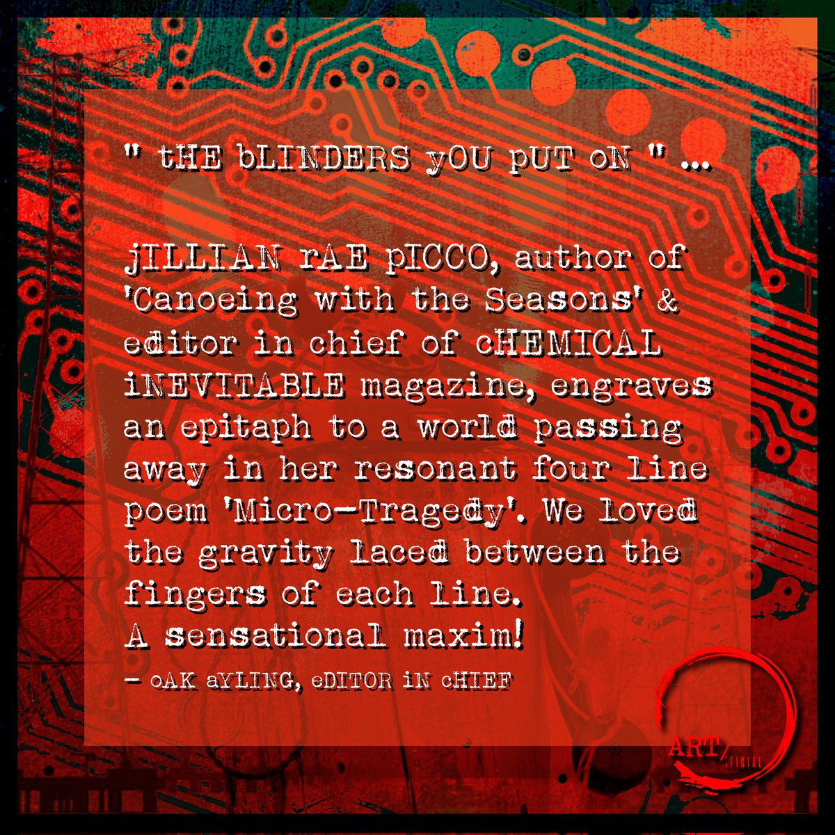 SparePartsLit's tweet photo. π‘ ART/ificial Volume_1 Contributor Spotlight:
β¨ Julian-Rae Picco : @chemicalinevitable β¨
Follow our links to Download your free copy of ART/ificial volume _1 Now! ππ₯π§‘
#poetrymagazine #protestpoetry #litmag #creativewriting #protestai #writerslift #antiAI #newreads https://t.co/uYIg6ocOTN
