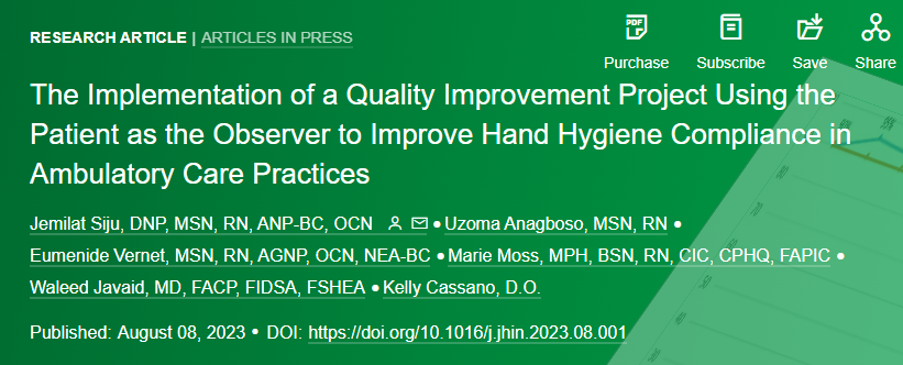 Nursing leadership and #infectionprevention implemented the 'patient as the observer' hand hygiene program across 32 practices. Hand hygiene compliance can be monitored in the ambulatory setting with the involvement of the patient as observer journalofhospitalinfection.com/article/S0195-…