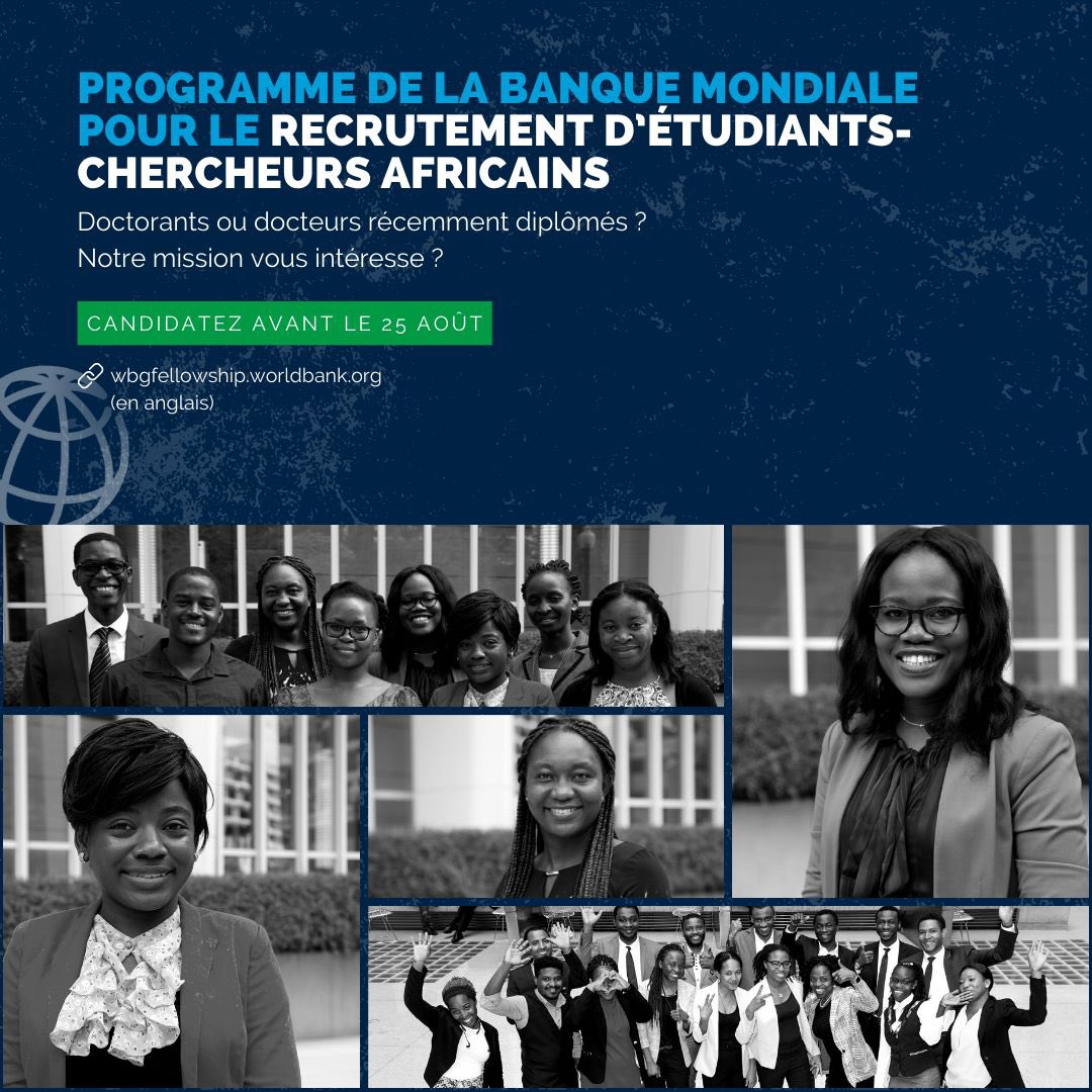Makhtar Diop (@diop_ifc) on Twitter photo We are looking for bright African #PhD students to join our <a href="/WorldBankAfrica/">World Bank Africa</a> Fellowship program. Don’t miss out on this great opportunity to jump-start your career in #development and make a lasting impact. Apply by August 25. wrld.bg/P4UZ50Pu1Mn #WBGFellows #Africa We are looking for bright African #PhD students to join our <a href="/WorldBankAfrica/">World Bank Africa</a> Fellowship program. Don’t miss out on this great opportunity to jump-start your career in #development and make a lasting impact. Apply by August 25. wrld.bg/P4UZ50Pu1Mn #WBGFellows #Africa