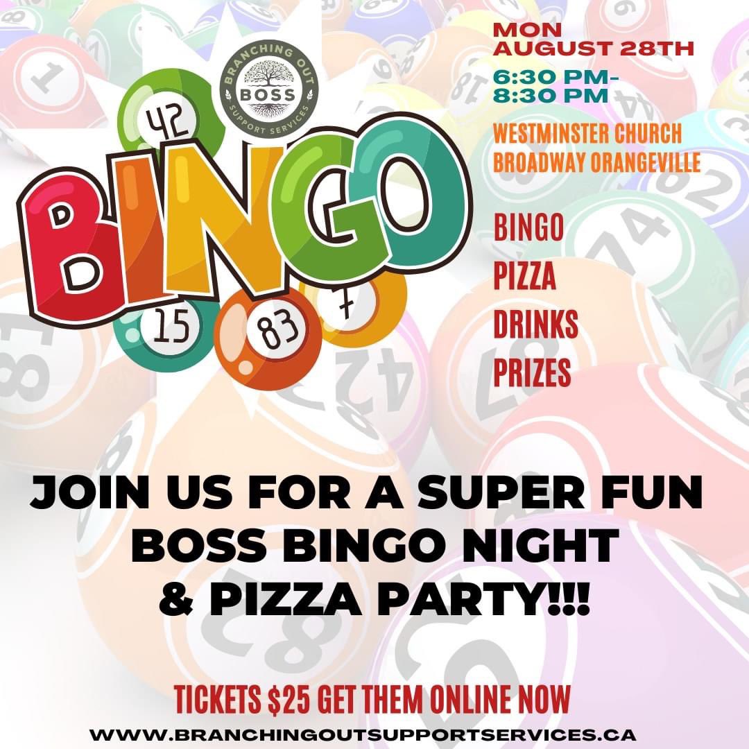 support_out's tweet photo. B-I-N-G-O 🥳
Join us on Monday August 28th for a fun night of BINGO and PIZZA!
6:30pm-8:30pm at Westminster United Church #Orangeville 
Tickets now on sale: 
https://t.co/LFVFrIkk8v https://t.co/OgAAdfZSnM