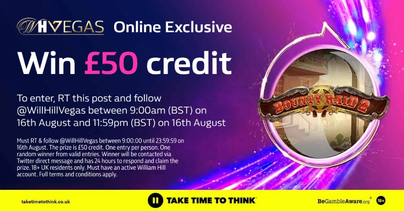 WillHillVegas's tweet photo. 🎉 Win £50 credit to spend online at William Hill 🎉

To enter:

👍 Follow @WillHillVegas
🔁 Retweet this post  

The prize draw will run from 9:00am (BST) until 11:59pm (BST) on 16th August. 

18+ | Ts &amp; Cs apply 👇