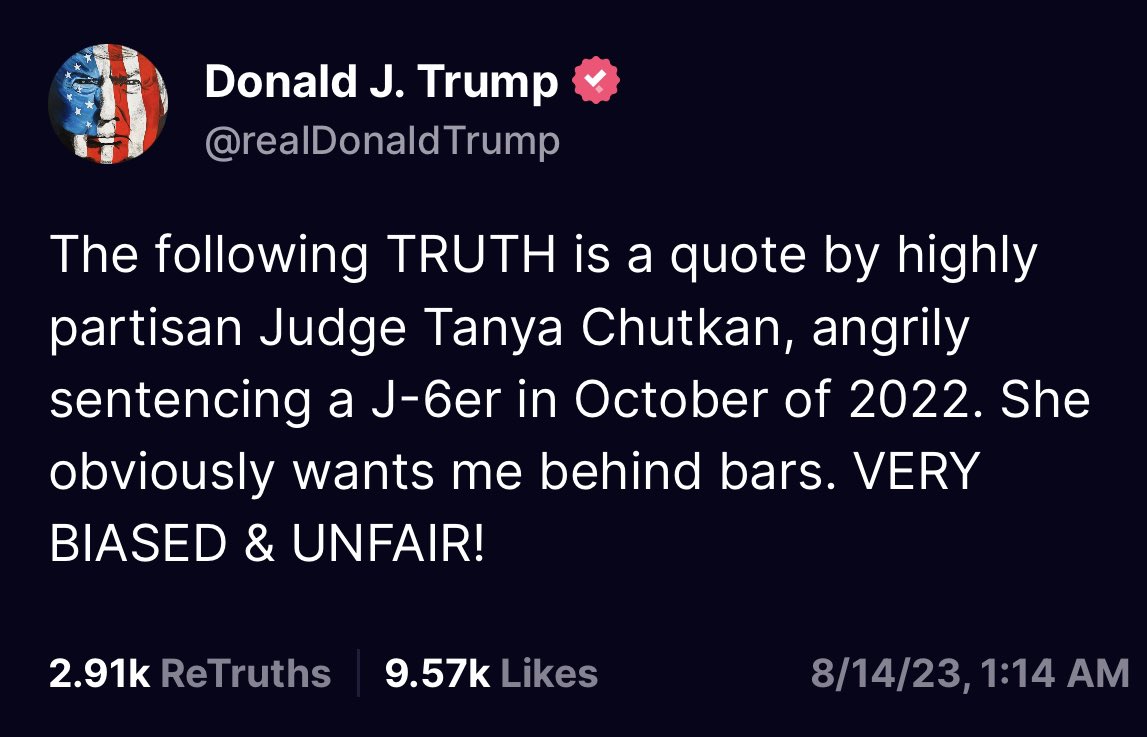 Thoughts?  

Should Trump be able to attack Judge Tanya Chutkan, who presides over his case, like he has in this Truth Social post below?

Where should the line be drawn between free speech and making defamatory public statements about the judge likely overseeing his forthcoming