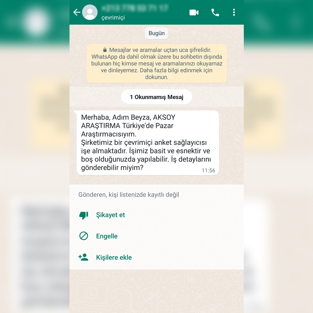 Bilgilendirme; Yurt dışı kaynaklı telefon numaraları ile kendisini Aksoy Araştırma çalışanı olarak tanıtan, iş başvurusu ve çeşitli anket çalışmaları konusunda bilgi sağlayacağını iddia eden kişi veya kişilerle şirketimizin herhangi bir ilişiği yoktur. Böyle bir durum ile