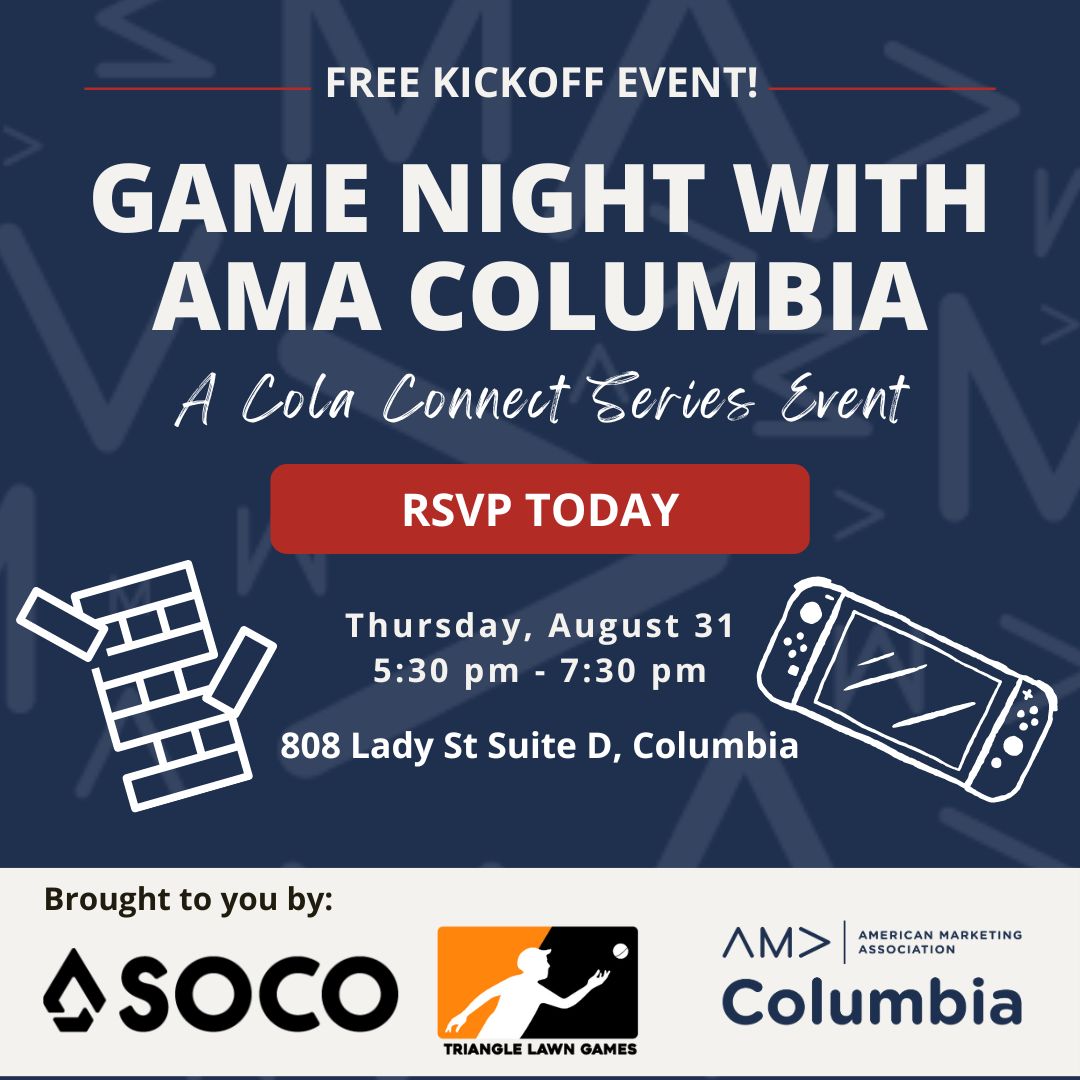 Join AMA Columbia on August 31 as we kick off the AMA year with fun and games! Grab a drink on us and network with Columbia's marketing professionals over a game of giant Jenga, corhole, and giant Connect Four!  RSVP here: eventbrite.com/e/game-night-w…