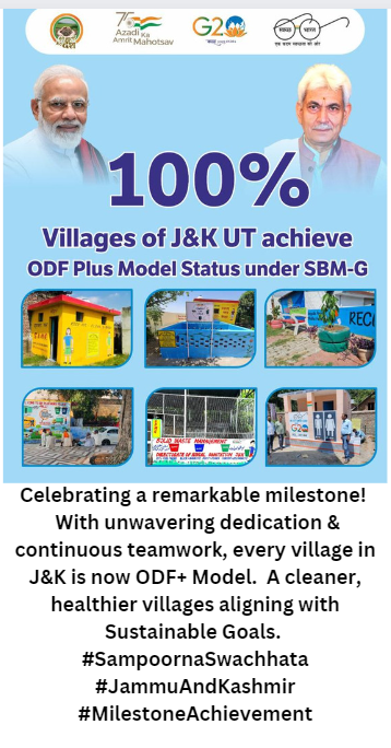 mission_sbm's tweet photo. #Celebrating a remarkable milestone!
With unwavering dedication &amp; continuous teamwork, every village in J&amp;K is now ODF+ Model. A cleaner, healthier villages aligning with Sustainable Goals.
#SampoornaSwachhata #JammuAndKashmir #MilestoneAchievement https://t.co/M0Fo4Ah9d9