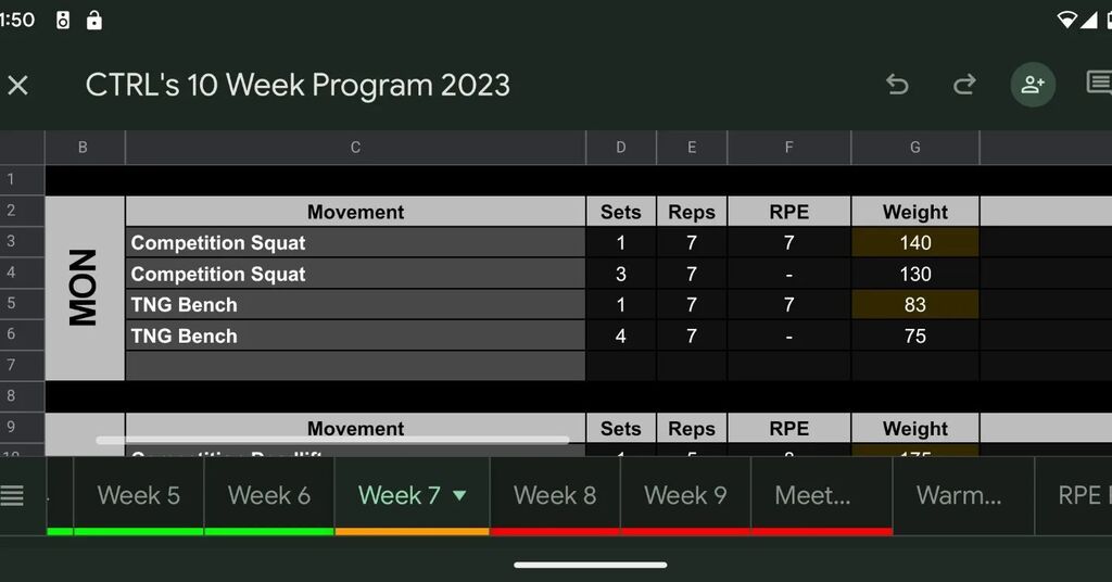 4 weeks till <a href="/rawstrengthgym/">Raw_Strength_Gym</a> Open 2023 slightly misjudged the RPE on the squats was more RPE 8 then 7 but got the reps , also misloaded the bench and did 1x7 @ 87.5 then the 4 sets at 80 🫢 Current BW: 87.4kg