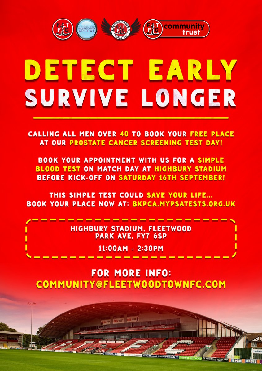 BKPCAppeal's tweet photo. All the information for the PSA Testing Day at @FTFCCommunity  on 16th Sept. 
YOU MUST REGISTER AND BOOK A TIME SLOT via https://t.co/LNBkeW0mk3 There are unfortunately NO 'walk ups' available https://t.co/JEdl8BoNA0