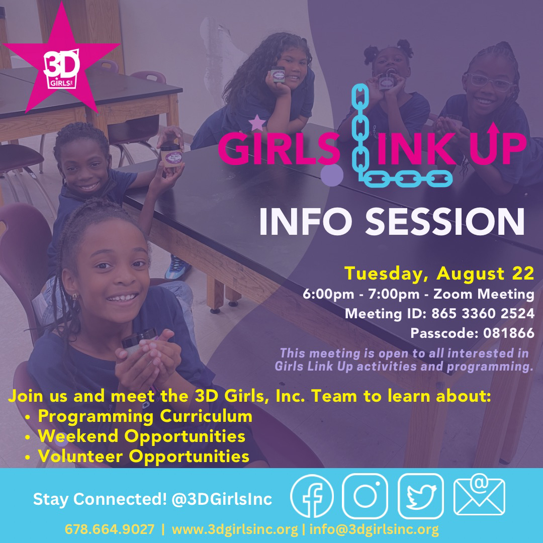 Registration for our Girls Link Up program is OPEN! 💞We will host an information session next Tuesday! Learn about our staff, program dates, activities and ways to get involved as a volunteer! The link to join us on zoom is in our bio. . #WeDreamIn3D #3DGirlsInc #GIRLSLINKUP #