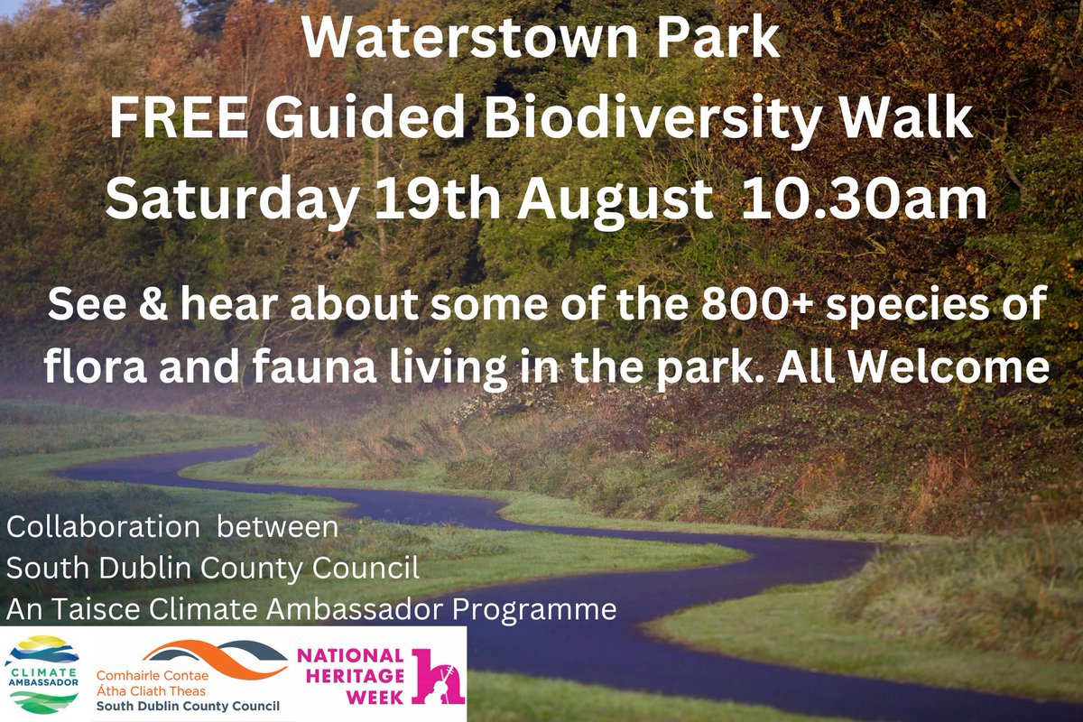 PalmerstownTT's tweet photo. If you're looking for something to do Saturday morning 10.30am, come to #WaterstownPark #Palmerstown for a FREE Guided Biodiversity Walk. Organised by Climate Ambassadors at @AnTaisce with support from @sdublincoco as part of @HeritageWeek

All Welcome. https://t.co/tiwL0Ko3jw