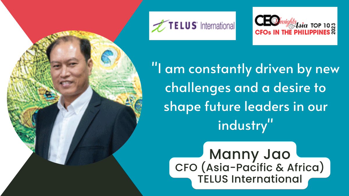 CEOInsightsAsi2's tweet photo. Manny Jao II, CPA, CFO (Asia-Pacific &amp; Africa), @TELUSint has been selected by #CEOInsightsAsia as one of the 'Top 10 CFOs In The Philippines - 2023'.

Article: https://t.co/39TekNlrhM

#financialleader #drivingsuccess #decadesofexperience #corporatefinance https://t.co/fMjRXdexld