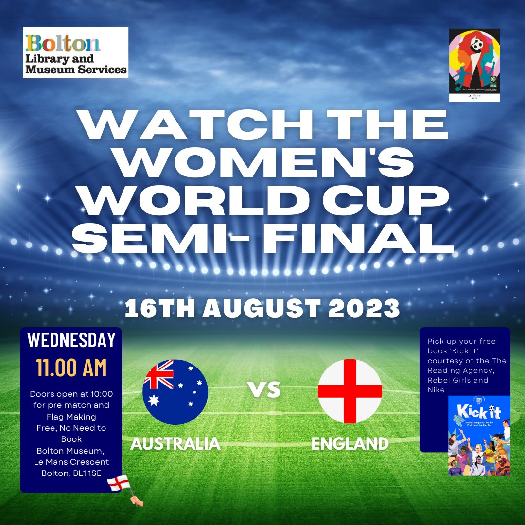 BoltonLMS's tweet photo. Join us at Bolton Museum for a family-friendly watching of this historic game! Doors open at 10am for pre-match FREE flag making for all! It's free, no need to book and we're keeping things alcohol-free, so come and join the fun and support the Lionesses!
 #ReadySteadyRead https://t.co/P2KQ3zME2x