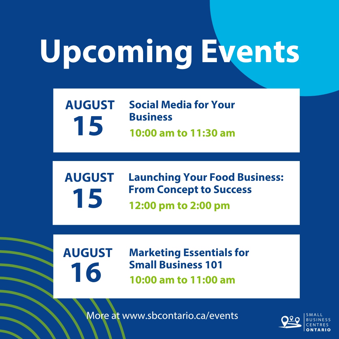Get ready for a packed schedule of workshops at SBC Ontario this week! Dive into the following topics: 🔷Social Media for Your Business 🔹 Launching Your Food Business 🔹 and more! Visit sbcontario.ca/events and register for the workshop of your preference! 😄