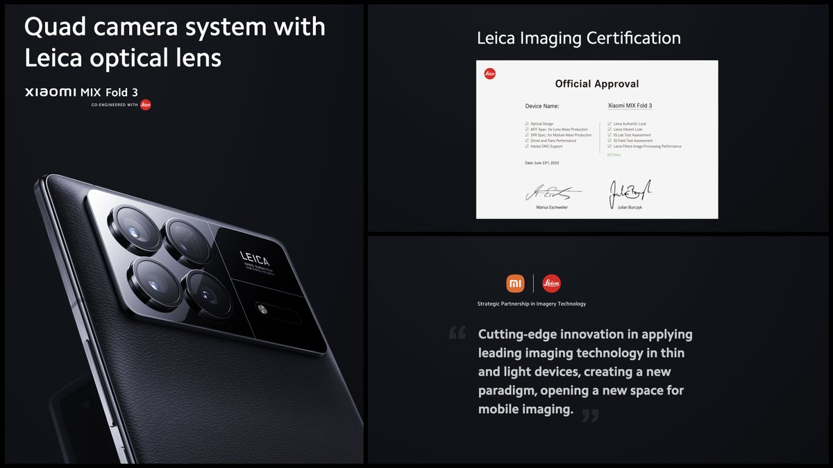 Xiaomi's tweet photo. Unfolding the dynamic pairing of #XiaomiMIXFold3 and @leica_camera. 🟠📷🔴

Summicron Lens, a cutting-edge quad camera system that redefines your expectations in foldable smartphones. #XiaomiLaunchAugust2023 #LeiJunAnnualSpeech https://t.co/UoWWPPh7pU
