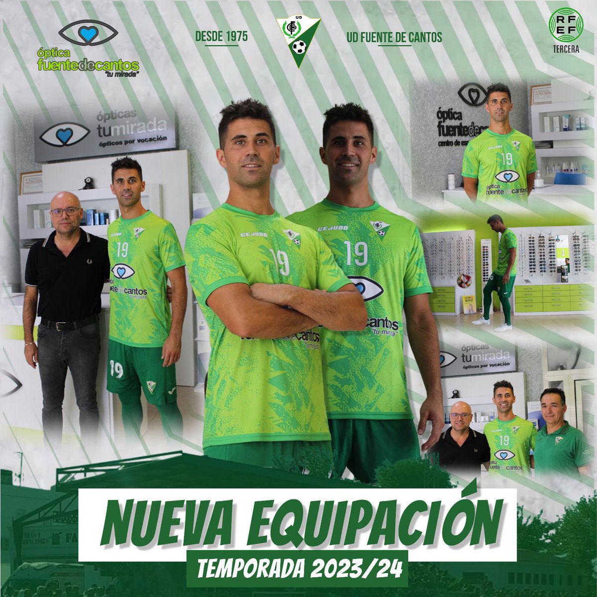 UDFDC's tweet photo. 👕 ya está aquí ‼️
La nueva camiseta para esta ilusionante temporada 23/24 ha llegado. 
Enérgica, juvenil y verde…siempre verde 💚
Gracias a nuestro Spónsor principal “Ópticas Fuente de Cantos, Tu Mirada” 👓 
#verdedecorazon💚 https://t.co/zfz5u1tHmX