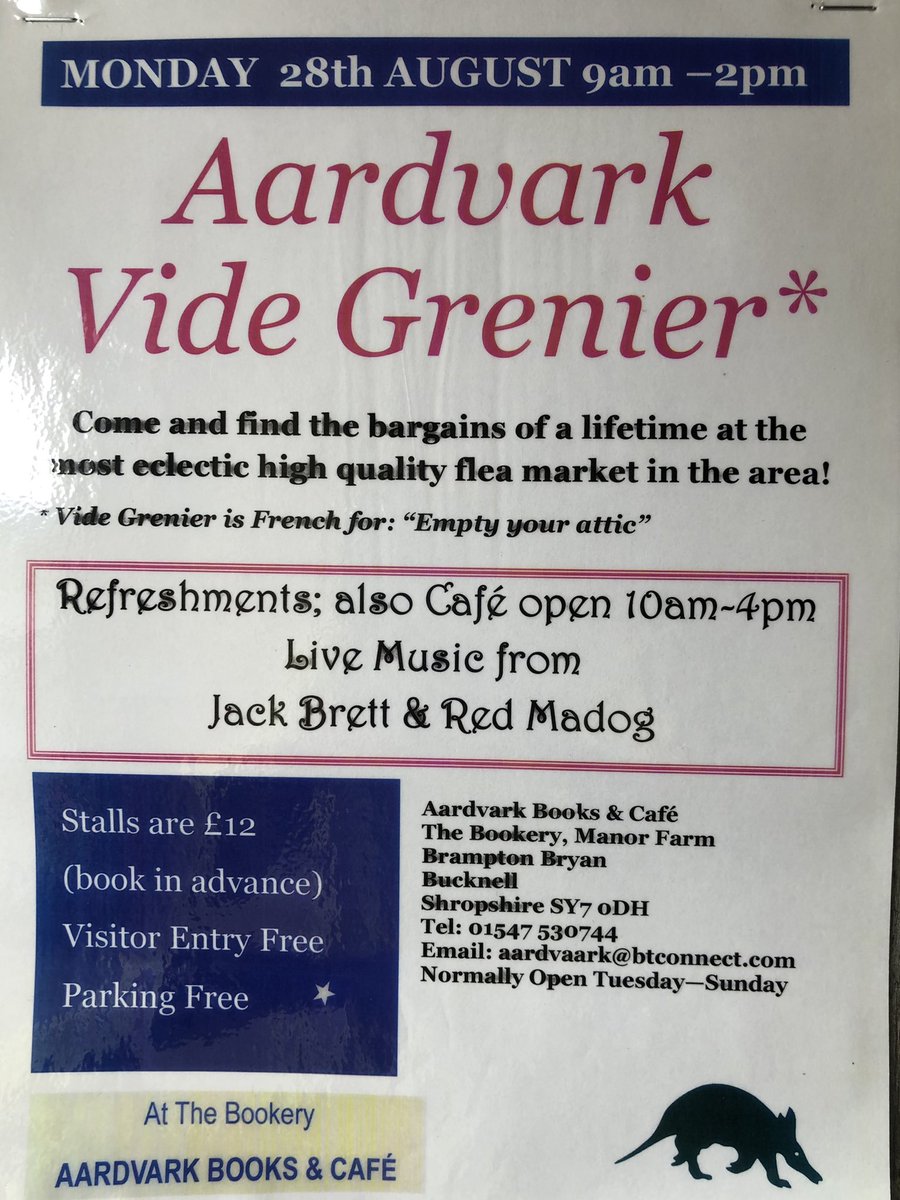 Monday August 28th, 9am-2pm is our annual Vide Grenier event, (Car Boot, French-style) with live music from Red Madog!
Over 30 pitches of vintage &amp; bric-a-brac, refreshments, All are welcome, free entry &amp; parking. Still a few spaces if you want to book a stall!
#HerefordHour