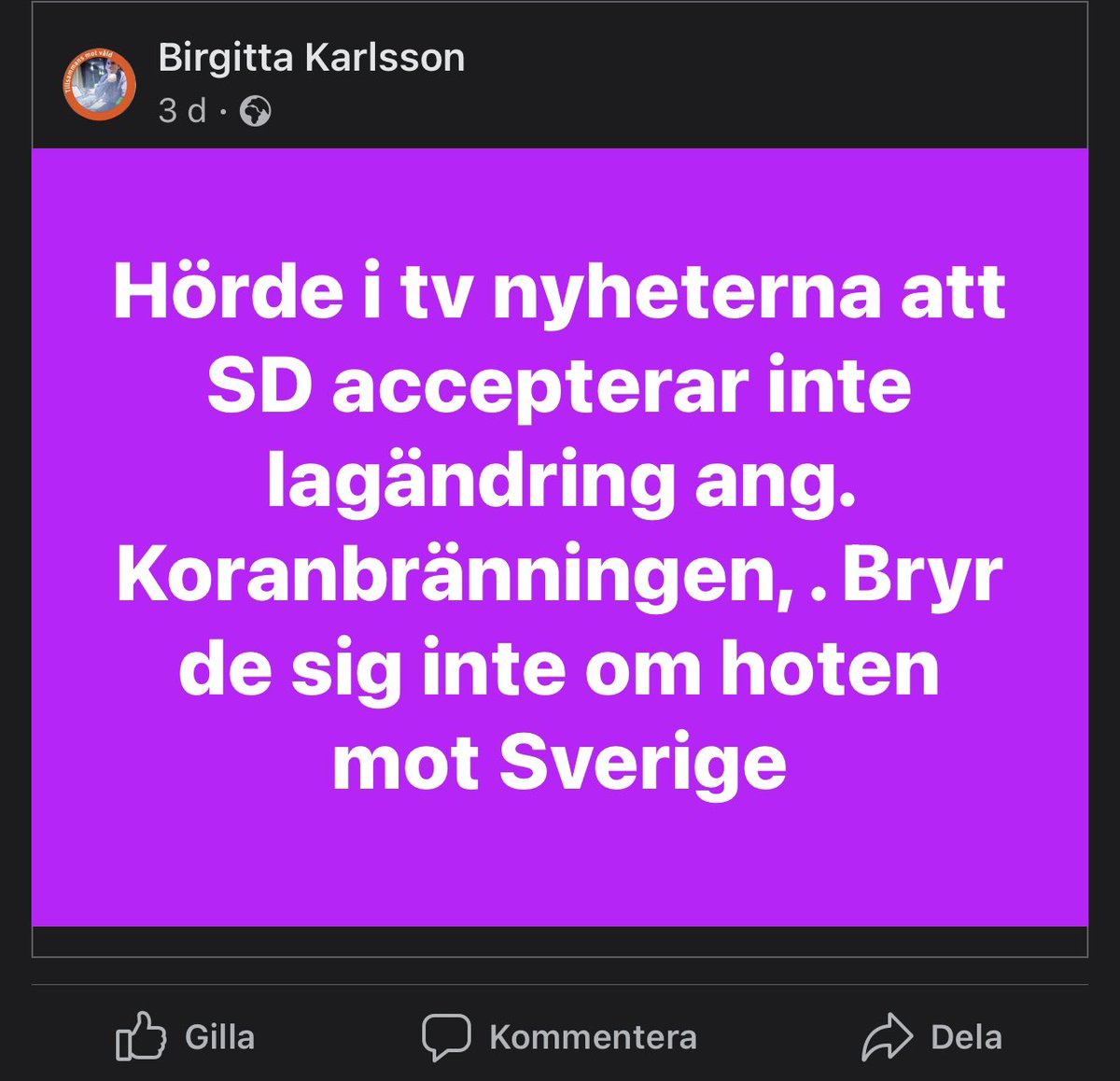 DavidJansson76's tweet photo. Men ändå så gnäller SD över alla invandrare (om det inte är sossarna) som de anser är orsaken till allt dåligt i Sverige! Blir ju solklar #hyckleri och #dubbelmoral här! Stoppas inte #koranbränningar kommer #hoten mot #Sverige bestå! Att inte folk fattar vad för parti #SD är?! 🤦‍♀️ https://t.co/j5JDjzRncY