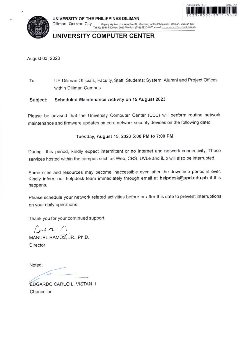 dilnet's tweet photo. NOTICE: Scheduled Maintenance Activity

There will be a scheduled campus-wide downtime on Tuesday, 15 August 2023 from 5:00 to 7:00 PM.

Kindly expect intermittent or no connectivity at the indicated time. Access to services hosted within DILNET will also be interrupted. https://t.co/a3tOrvPu6q