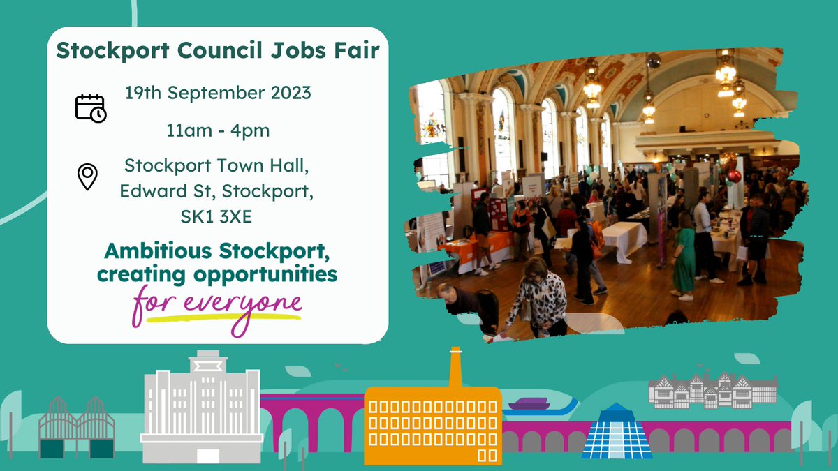 📢  Join us at the Stockport Council 2023 Jobs Fair!

🕚  11am - 4pm 
📅  19th September 2023 
📍 Stockport Town Hall, Edward Street, Stockport, SK1 3XE

Find out more about our roles &amp; what it is like to be part of our team! 

Register today! 👉  orlo.uk/HXaN7