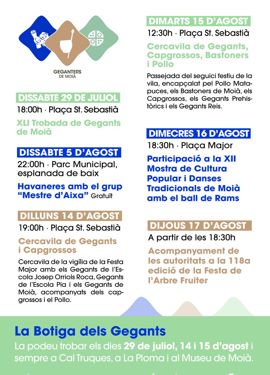 Activitats que organitzen els Geganters de Moià <a href="/MoiaGegant/">Geganters de Moià</a> per Festa Major de #Moià 👇
