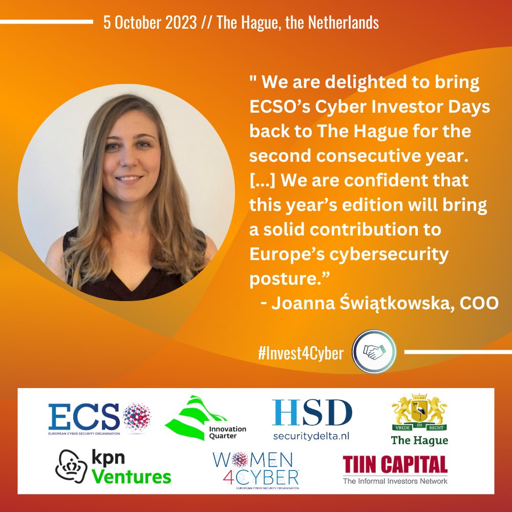 ECSO (@ecso_eu) on Twitter photo The registrations for ECSO’s next Cyber Investor Days in the Netherlands are now open for all! 🤝 Read what ECSO’s COO <a href="/j_swiatkowska/">Joanna Świątkowska, PhD</a> said about it below. More info: bit.ly/3OP8REj #Invest4Cyber The registrations for ECSO’s next Cyber Investor Days in the Netherlands are now open for all! 🤝 Read what ECSO’s COO <a href="/j_swiatkowska/">Joanna Świątkowska, PhD</a> said about it below. More info: bit.ly/3OP8REj #Invest4Cyber