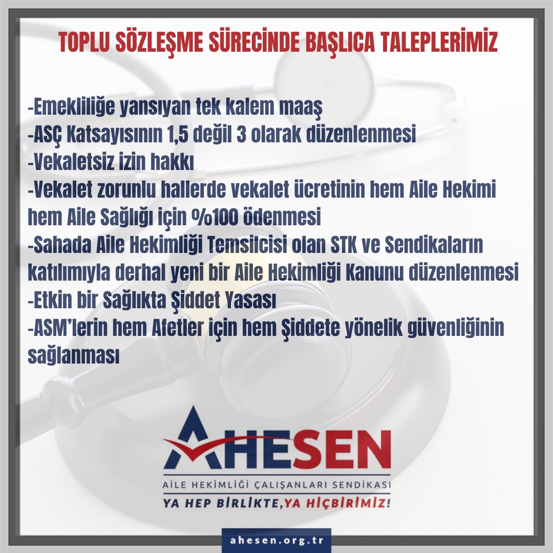Toplu Sözleşmede Aile Hekimi ve Aile Sağlığı Çalışanları için;
Emeğe karşılık hak edilen ücret artışı,  çalışma koşullarını iyileştirecek özlük düzenlemesi sağlanması zorunludur. 

#ailehekimliği