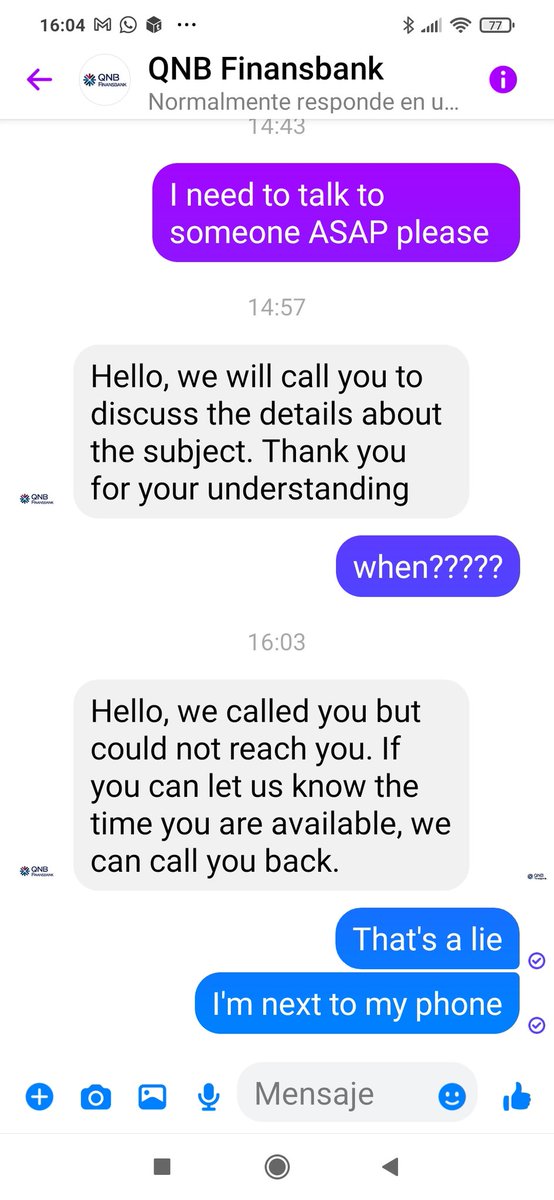 soprange's tweet photo. @qnbfinansbank @qnbfinansbank don't lie saying you're calling when you are not. I want the account manager to call me ASAP and you keep lying!!!!!!! What kind of service are you providing? https://t.co/zSJ7DrjsWu