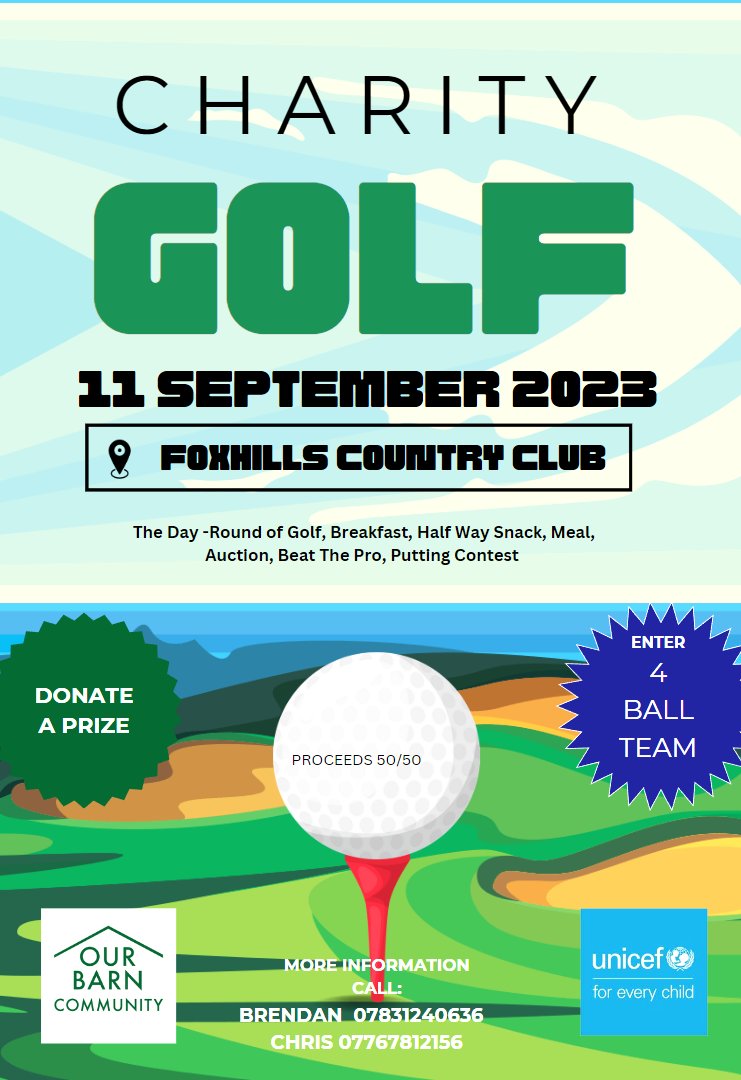 Did you know you can enter an amazing day of charity golf at the award-winning Foxhills Country Club? Proceeds of this amazing day will be split 50/50 between @Our_Barn &amp; <a href="/UNICEF/">UNICEF</a>. You must move fast to secure a space as time is ticking. You can also #sponsortheday or just donate.