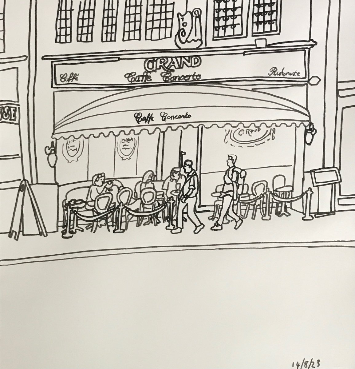 Today’s #sketch from 14/8/23 of #Landmarks & #Icons is @caffeconcerto  #Whitehall
#London #SW1 
 #drawing #painting #Acrylic #Ink #Marker #Pen on paper