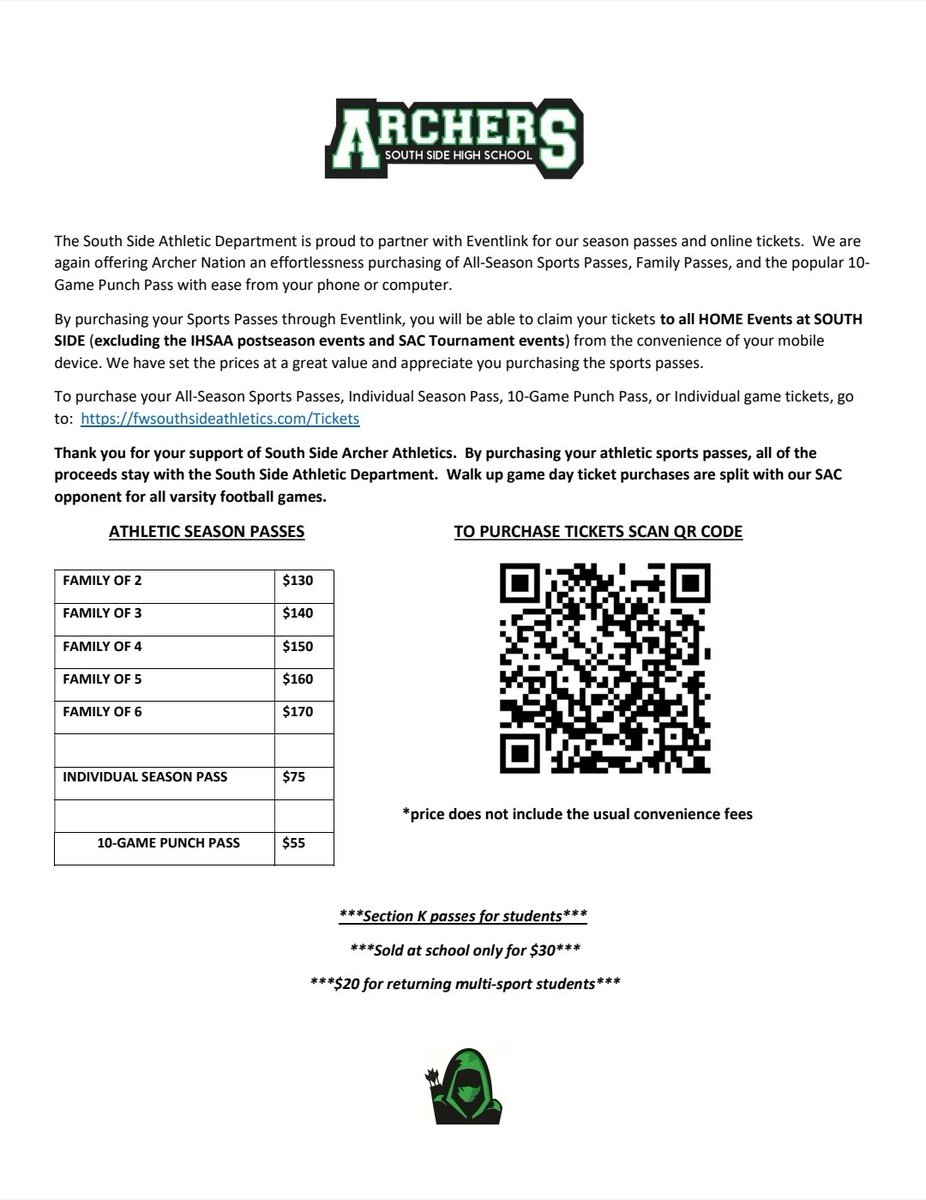 Attention #SouthSideArchers!! South Side is partnering with Eventlink to offer season all-sport passes, family passes, and the 10-game punch pass!! 

Check out the information here and never miss a home game! 

#SouthSidePride #GreenAndWhite #ArcherNation