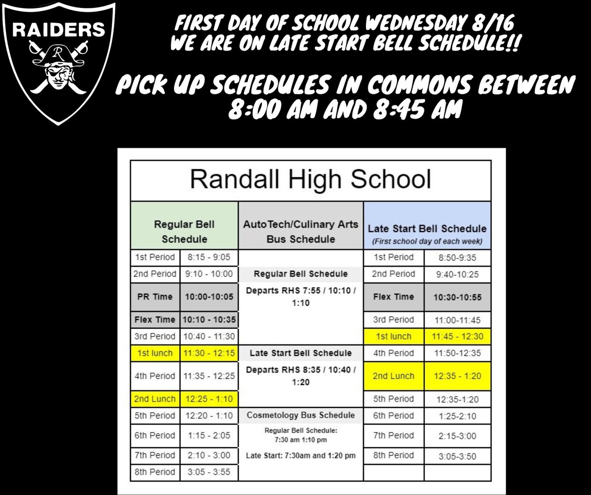 RandallRaiderHS's tweet photo. RAIDERS!!  The first day of school is this Wednesday, August 16!!  We are on Late Start Schedule for Wednesday.  Make sure you pick up your schedule in the commons (see attached info) before you go to your 1st period class!!  We can't wait to see you!!  #ForTheShield https://t.co/kQqeQwjhrP