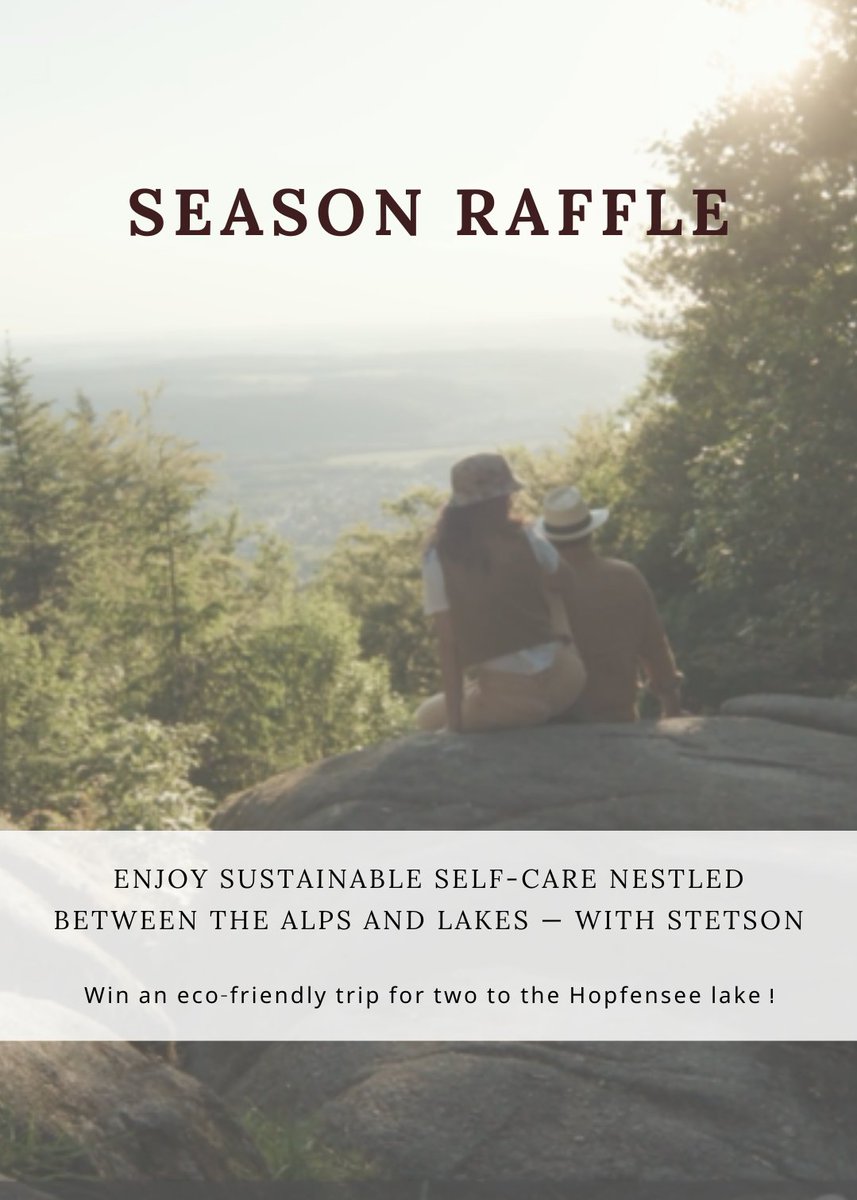 REMINDER! 📢

Did you already participate in our Spring/Summer 2023 Season Raffle? 🤩

If you want to win an eco-friendly trip for two to the Hopfensee lake, than answer the quiz-question here: 
➡️stetson-europe.com/raffle/

The raffle only runs until August 31st!
Good luck! 🍀