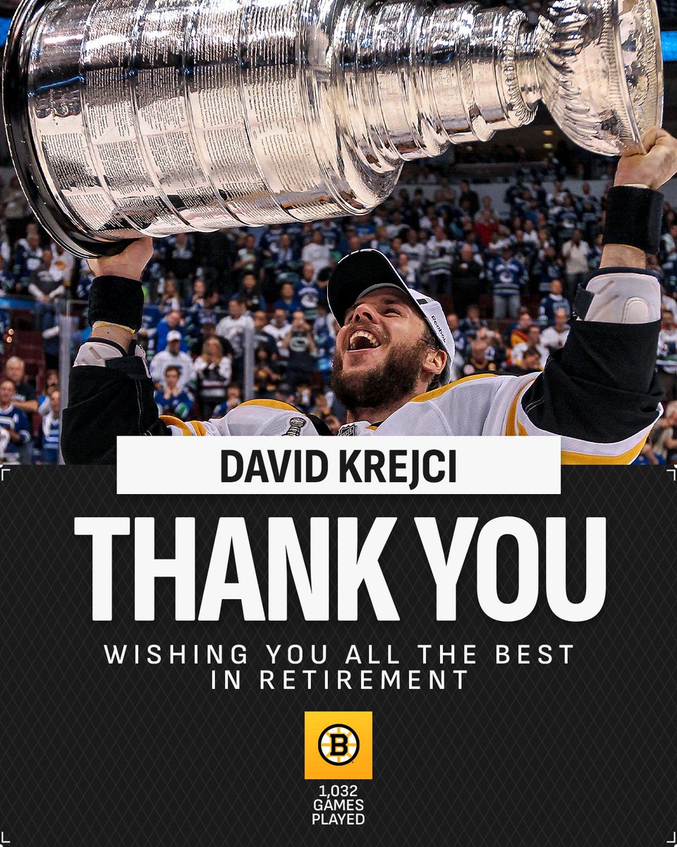 NHL's tweet photo. After 1,032 games with the @NHLBruins, David Krejci has announced his retirement. 💛

Congratulations on a fantastic career! 🙌 https://t.co/FWj0Ew8hh6