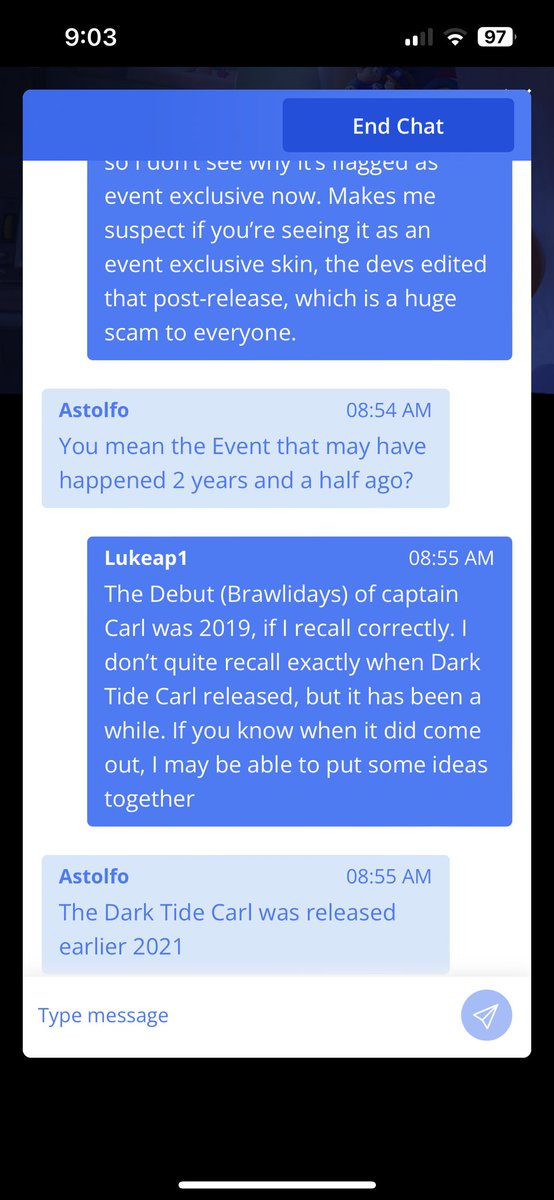 Lukeap11's tweet photo. End of chat log &amp; proof that Star point skins are in my catalog despite being “event exclusive”. I apologize if its a long thread, but I hope it helps you get a complete picture on what I know so far. If you know anything more than I do, please let me know. I would appreciate it! https://t.co/Tpgl3G5PE1