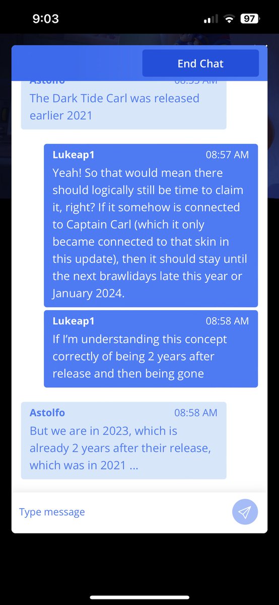 Lukeap11's tweet photo. End of chat log &amp; proof that Star point skins are in my catalog despite being “event exclusive”. I apologize if its a long thread, but I hope it helps you get a complete picture on what I know so far. If you know anything more than I do, please let me know. I would appreciate it! https://t.co/Tpgl3G5PE1