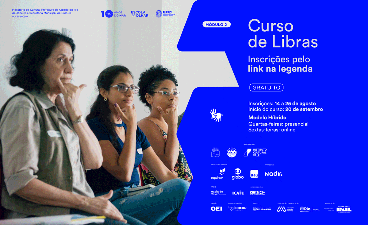 MuseuArteRio's tweet photo. Fica esperto que tá chegando o segundo módulo do Curso de Libras aqui no MAR! 👀

Se você fez o curso introdutório ou já tem conhecimento básico de Libras, esse curso é pra você. Vamos abrir as inscrições para o segundo módulo do Curso de Libras. 👏

+ https://t.co/4ZAd8mX728