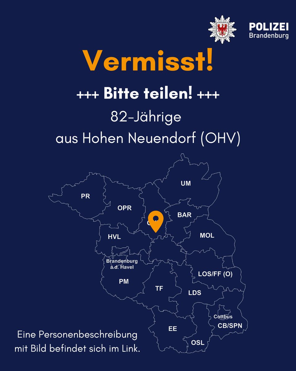 #Fahndung Wir bitten um Unterstützung! Seit dem 12.08.23, 22:15 Uhr wird eine 82-Jährige aus Hohen Neuendorf (OHV) vermisst. Hinweise☎️03301 – 851-0 Bild & Infos: polizei.brandenburg.de/fahndung/senio… Teilen Sie keine Hinweise über soz. Medien.