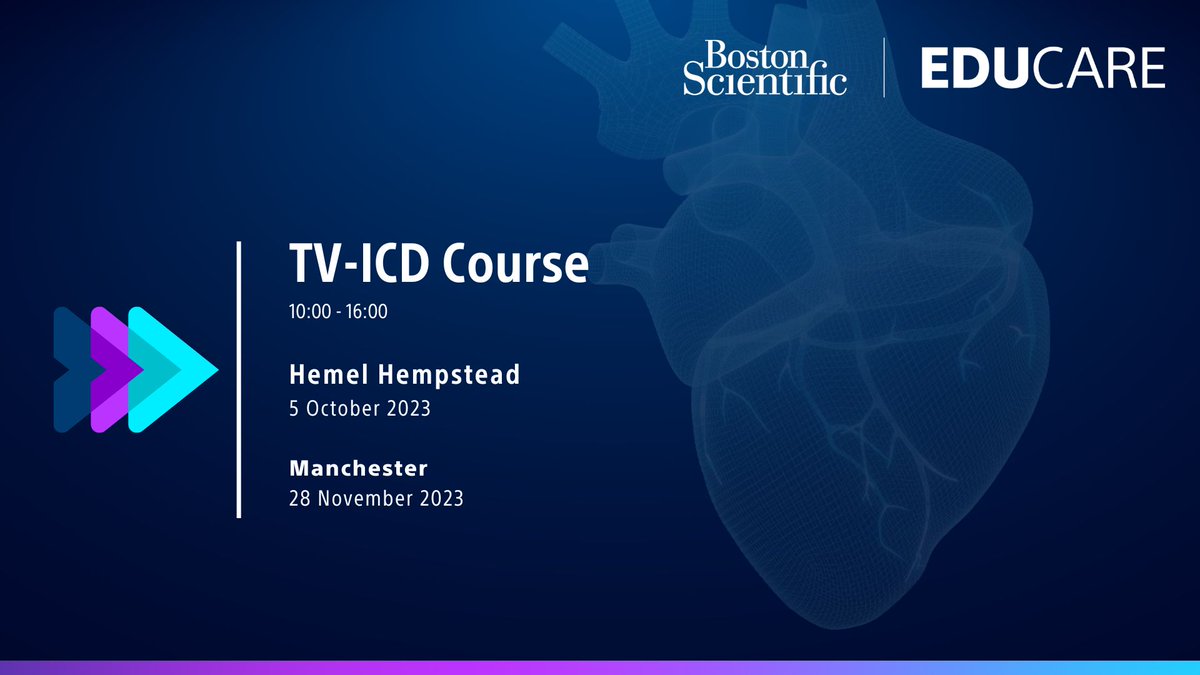 Boston Scientific CRM/EP UK & IRE (@bsc_rhythmuk) on Twitter photo Join the Education Team for a hands-on, 1-day TV-ICD course aimed at Physicians wanting to become more familiar with Boston Scientific TV-ICDs.
Limited spaces for both dates! Contact your local BSC rep or register here: UKBusinessSupport@bsci.com Join the Education Team for a hands-on, 1-day TV-ICD course aimed at Physicians wanting to become more familiar with Boston Scientific TV-ICDs.
Limited spaces for both dates! Contact your local BSC rep or register here: UKBusinessSupport@bsci.com