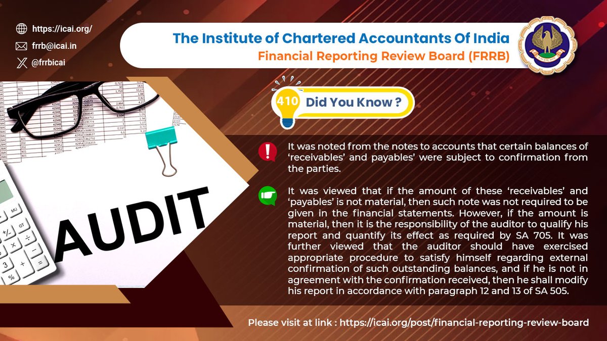 frrbicai's tweet photo. @frrbicai @theicai @CaRANJEET
@AniketTalati @CAHansRajChugh
@CAkemishaSoni
#DidYouKnow #financialstatements #auditor #report #outstandingbalannce #externalconfirmation https://t.co/UnKA9apP5U