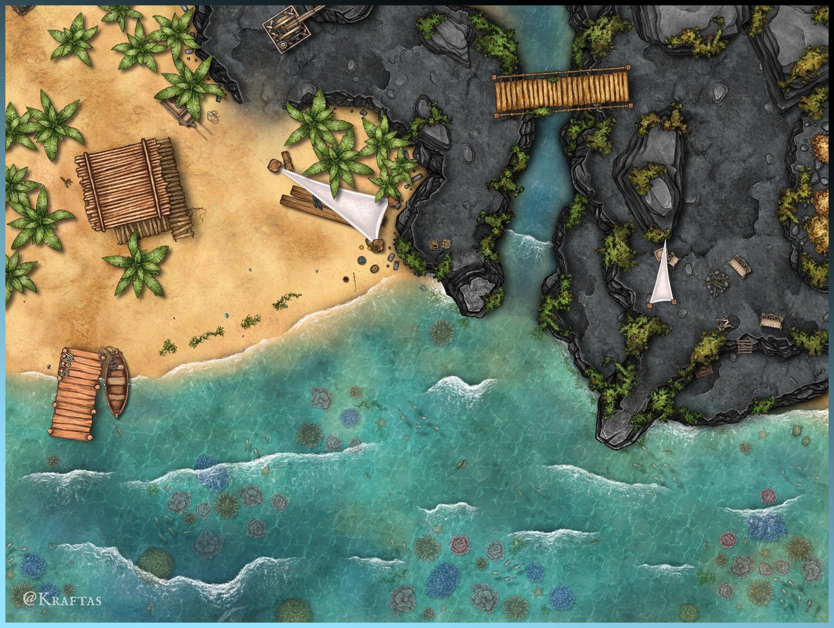Kraftas25's tweet photo. The sun shines bright and the waves crashing into the cliffs sound mesmerising. But who lives here? And what where they up to? #dnd #ttrpg #5e #maps #inkarnate https://t.co/PPUsCe028C