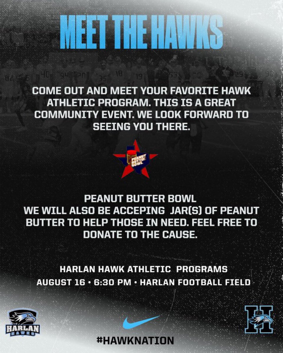 Our annual Meet the Hawks is Wednesday August 16 at the Harlan Football Field on campus. It starts at 6:30. #harlanhawks @harlanhawkmedia @NISDHarlan @HarlanPtsa @HarlanAVID @HarlanGSoccer @HarlanHawks_VB #hawkyeah