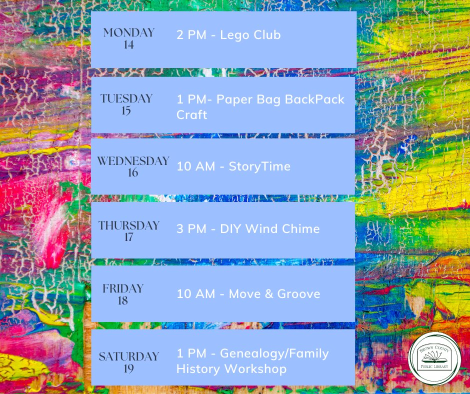 bc_pld's tweet photo. Check out what's going on this week at the library!
August 14 - August 19
#publiclibrary #freelibraryprograms https://t.co/hsEkwY5Wqm