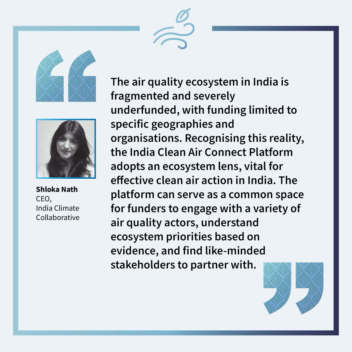 cleanairconnect's tweet photo. Shloka Nath, CEO, India Climate Collaborative shares her insights into why the India Clean Air Connect portal is instrumental to funders and actors in the air quality ecosystem in India.

@IndiaClimCollab @shloka83

#IndiaCleanAirConnect #AirQuality #CleanAir #PollutionControl https://t.co/zfNwRvAtb5