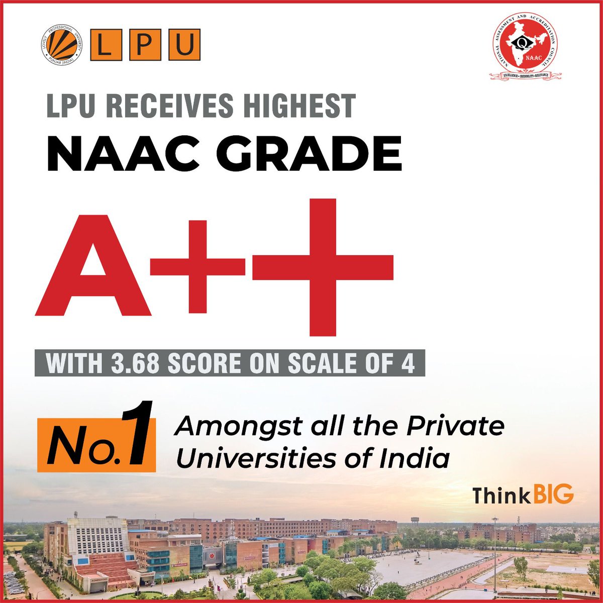 With tremendous satisfaction and joy we share that Lovely professional University has been awarded the highly sought-after NAAC Accreditation Grade A ++

#lpudesign #lpuuniversity #lpudiaries #lpuachievebig #proudvertos #leadinguniversityinIndia #bestuniversitycampus #thinkbig