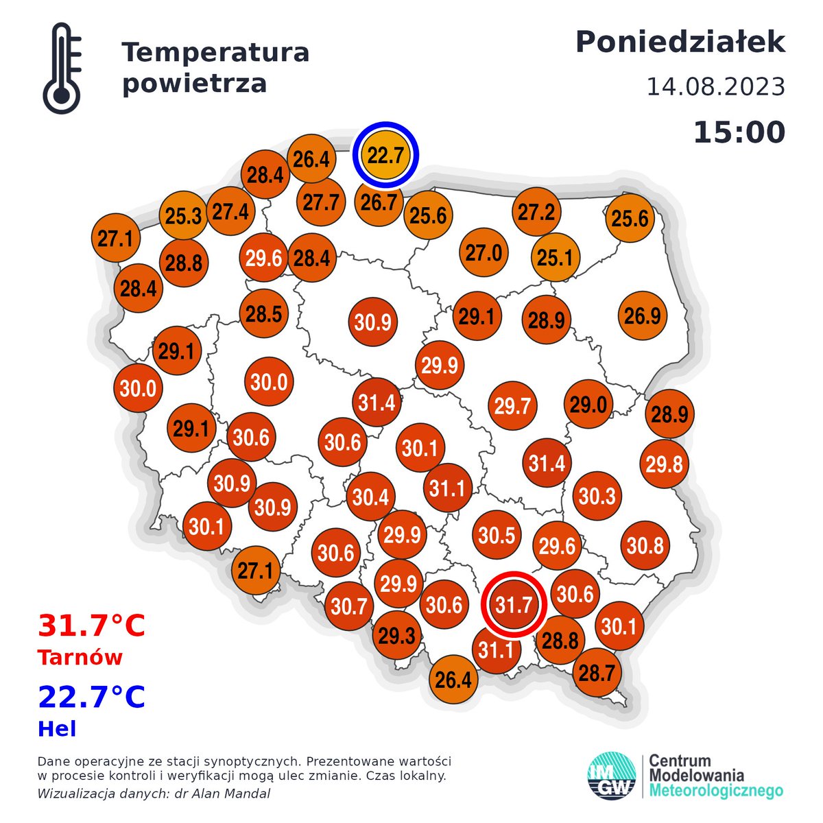 SOB_pl's tweet image. Najwyższa temperatura panuje w @MojTarnow, gorąco jest także w Wielkopolsce, @lodzkiePL, @Dolny_Slask, @LubieTuByc czy w @malopolskaPL. Temperatury nadal będą rosnąć. 🌡️
@IMGW_CMM @IMGWmeteo @MeteoprognozaPL 
#obserwatorzyburz #temperatura #polska #gorąco #upał