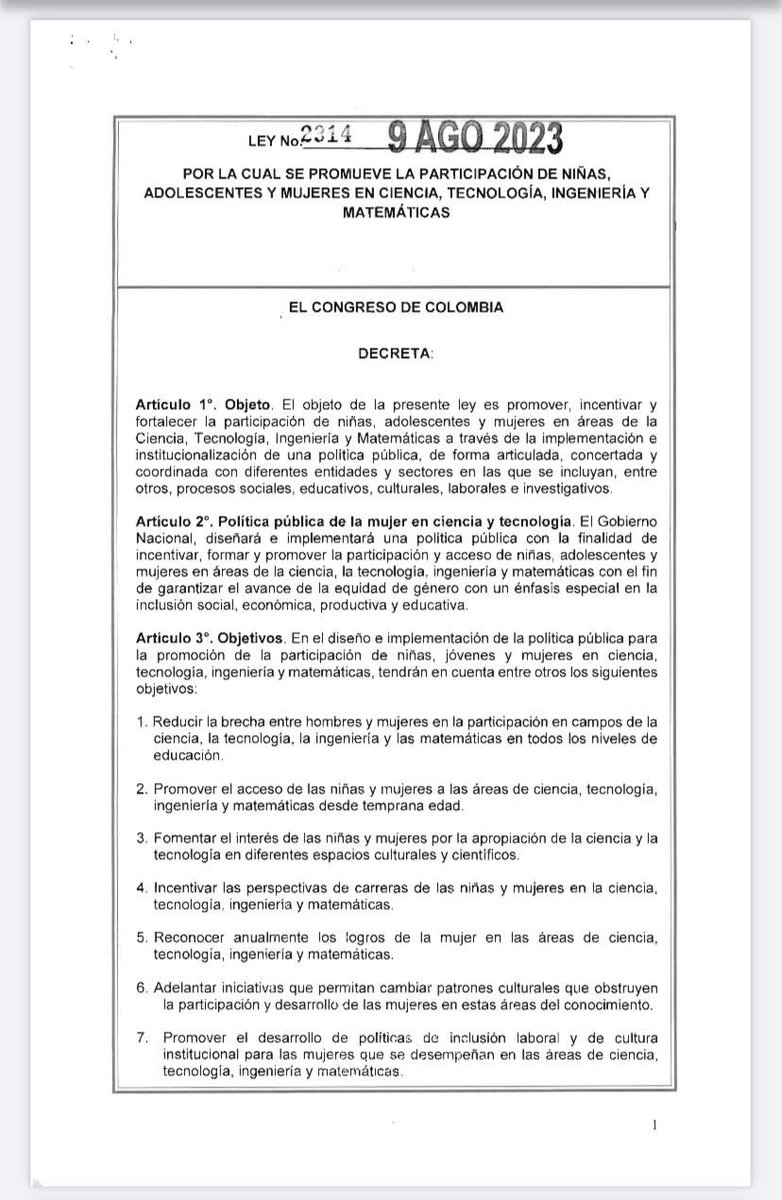 Congreso de la República - Ley 2314 de 2023.
Promueve la participación de niñas, adolescentes y mujeres en ciencia, tecnología, ingeniería y matemáticas.

drive.google.com/file/d/1g8Kg0O…