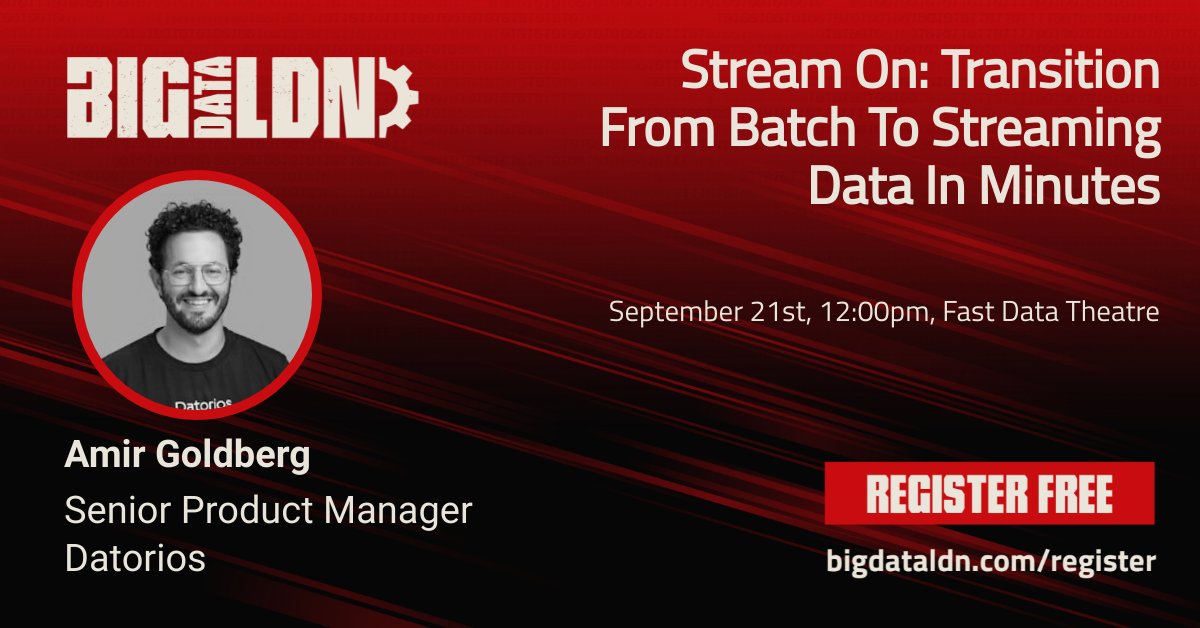 datorios's tweet photo. Are you heading to #bigdataldn this Sept? 

Learn about everything #dataprocessing by:

Stopping by #Datorios stand 659
or   
Catching Amir Goldberg's speech on Thurs, Sept 21st at Fast Data Theatre.

Register for free: https://t.co/m1JO8CLFRm

#streamingdata #batchprocessing https://t.co/ANBduCqRnR